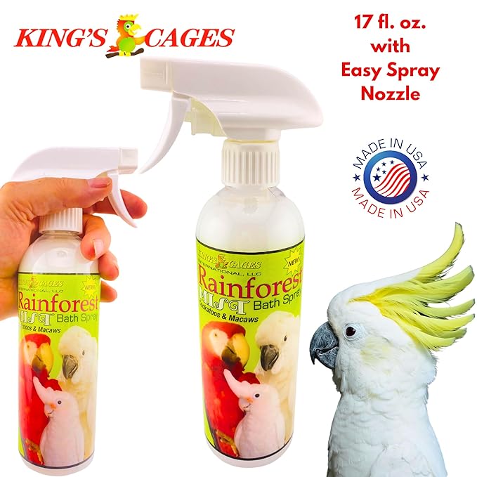 King's Cages Rainforest Mist White Spray 17 oz. Feather Conditioning Bath Mist with Vanilla Scent for Cockatoos and Macaws Parrots