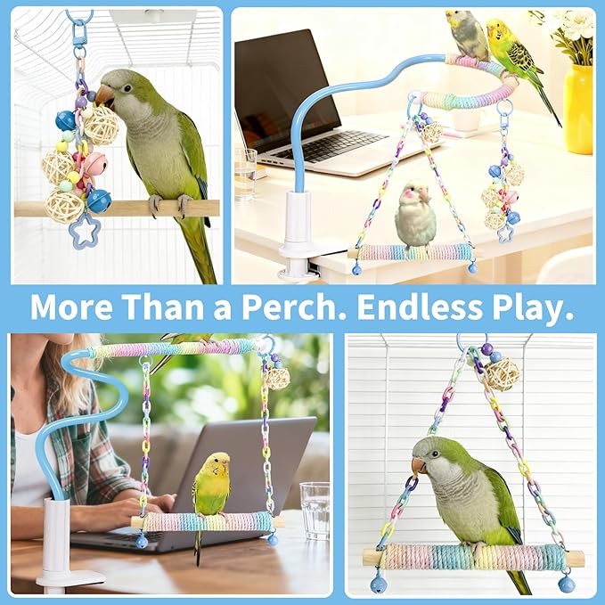 Flexible Bird Perch Stand with Swing - Desktop Playground & Bird Toy for Conure, Cockatiel, Budgie, Lovebird, Parakeet - Non-Slip Adjustable Parrot Perch (Blue)