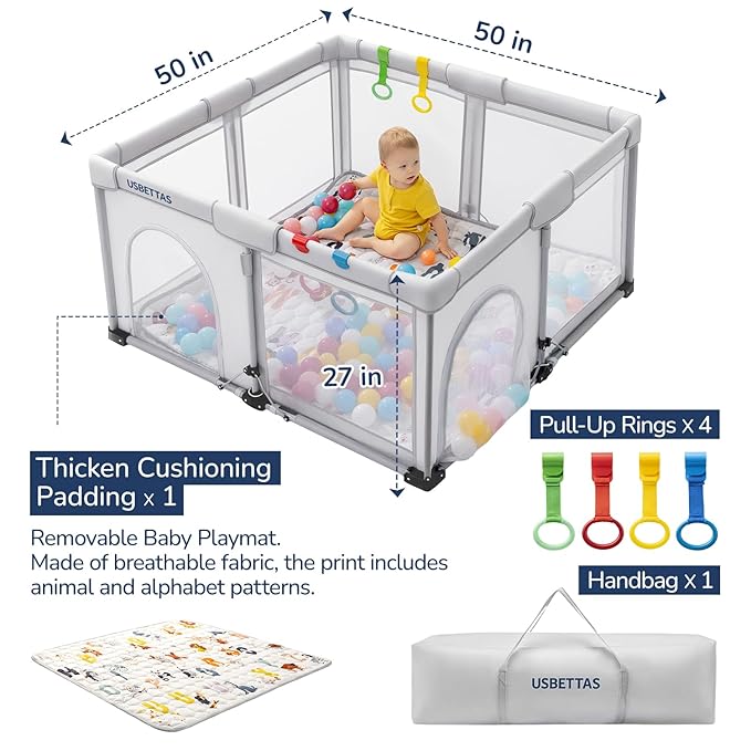 Foldable Baby Playpen with Mat, 1-Minute Setup, Lightweight Portable Playpen with Carry Bag, 50"x50" Indoor Outdoor Safty Play Yard for Babies & Toddlers, Light Gray