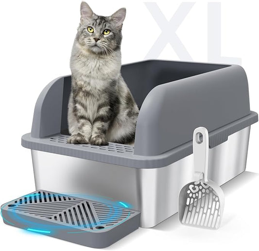 Suzzipaws Enclosed Stainless Steel Cat Litter Box with Lid Extra Large Litter Box for Big Cats XL Metal Litter Pan Tray with High Wall Sides Enclosure, Non-Sticky, Anti-Leakage (Grey)