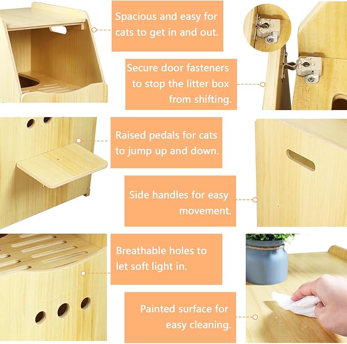 Cat Litter Box Enclosure,Enclosed Litter Boxes,Top Entry Cat Enclosure Furniture,Tall Enclosed Pet Cabinet, Wooden Washroom with Filter and Stairs for Indoor Cats,Dog Free (Natural)