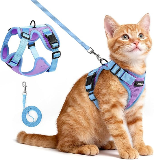 rabbitgoo Cat Harness and Leash Set, Escape Proof Soft Adjustable Vest Harnesses for Outdoor Walking, Easy Control Breathable Kitten Jacket with Reflective Strips, Purple & Blue, XS