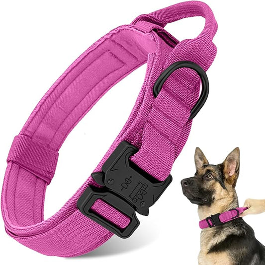 Tactical Dog Collar Heavy Duty Metal Buckle with Handle for Dog Training (Pink, M)