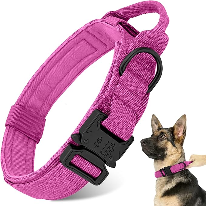 Tactical Military Dog Collar - Adjustable Heavy Duty Metal Buckle Nylon Collar with Control Handle for Small to Large Dogs (Pink, XL)