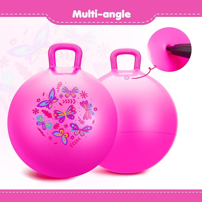Hopper Ball, Pink Butterfly Hopping Toys for Kids, 18 Inch Bouncy Ball with Handle, Indoor Outdoor Inflatable Hoppity Hop Toy for Girls Boys Gift with Free Pump