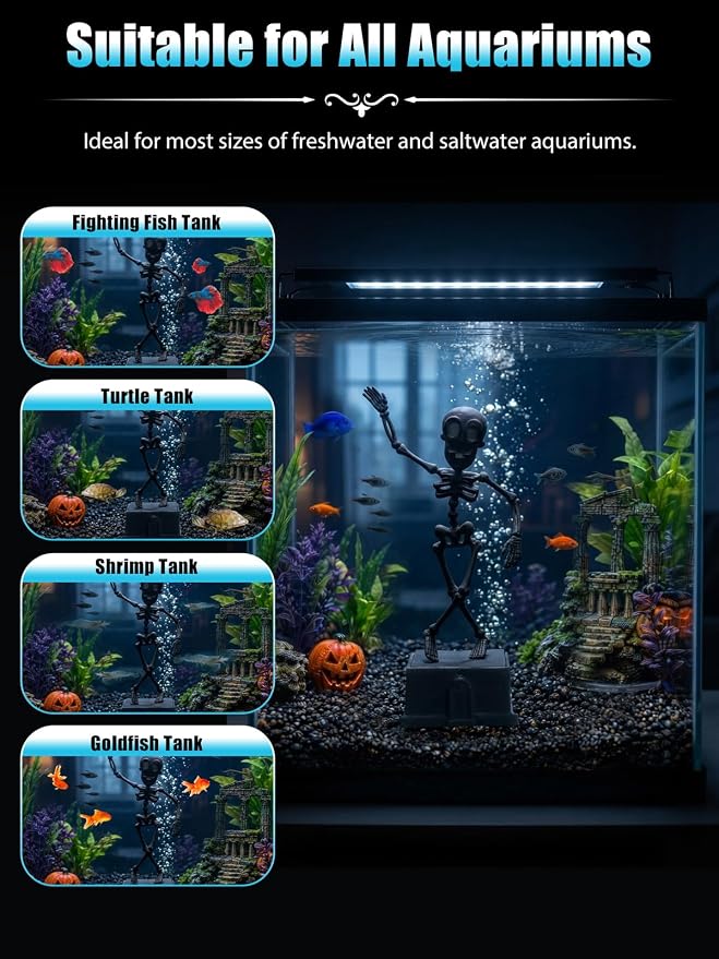 Dancing Skeleton Aquarium Bubbler, Halloween Fish Tank Decor(Black) | Adjustable airflow with 1m hose & valve. Safe resin, for freshwater/saltwater tanks. Air pump not included.