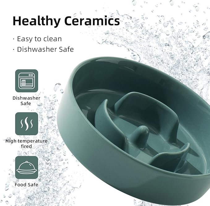 Havniva Ceramic 0.9 Cup Dog Bowl Slow Feeder for Small Dog, 6.1inch Pet Slow Feeder, Wet and Dry Food Dish, Stop Bloat, Preventing Choking(Single Bowl-Dark Green)
