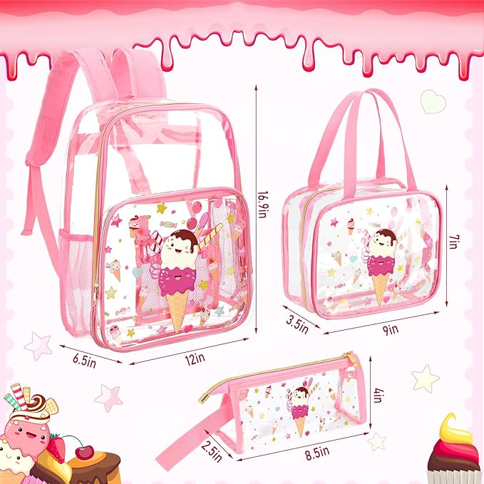 Kacctyen 3 Pcs Clear Backpack Heavy Duty Clear Stadium Bag Transparent Backpack with Lunch Bag(Pink,Ice Cream)
