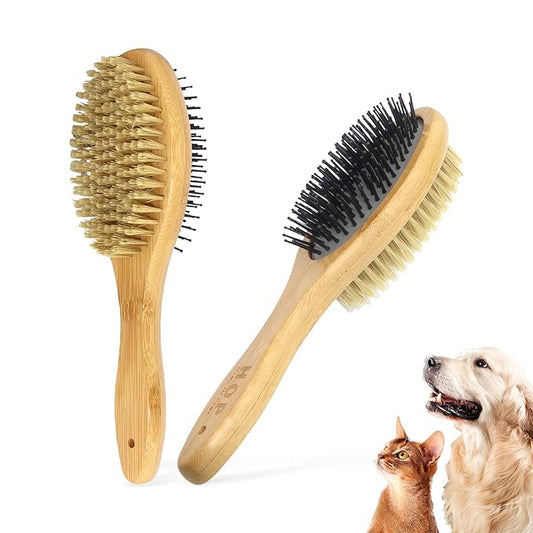 2-in-1 Double-Sided Dog Brush with Bamboo Handle Pin&Bristle Dog Hair Brush Pet Grooming Tool for Dogs and Cats Remove Loose Hair Knots Tangles