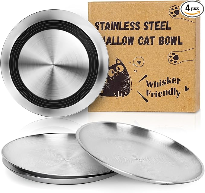 Supet Stainless Steel Cat Food Bowls, Whisker Fatigue Dishes with Non-Slip Bottom, Shallow Wide Cat Plates for Wet & Dry Food, 13OZ Kitten Bowls for Indoor Cats (4Pcs)
