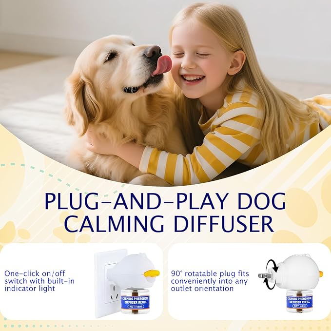 Dog Calming Diffuser Starter Kit with 3 Refills, Dog Pheromones Calming Diffuser Helps Reduce Scratching, Peeing, Meowing & Aggression, Plug-in Anxiety Relief for Calm Dogs of All Ages