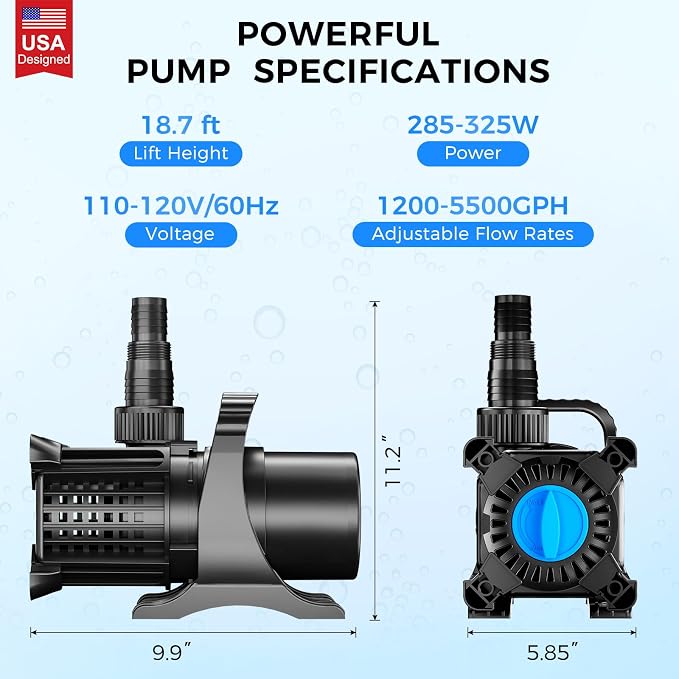 Pond Pump, 5500 GPH Adjustable Flow Submersible Water Pump with Filter Bag, Copper Motor, IPX8 Waterproof for Outdoor Koi Pond, Fountain, Waterfall, Hydroponics