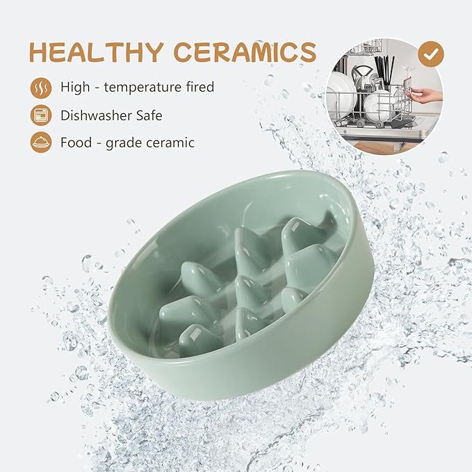 Havniva Ceramic 0.9 Cup Raised Slow Feeder Dog Bowl Set, Elevated 6.1inch Slow Dish and 6.1inch Water Bowl with Wooden Stand for Small Dogs (2 x Light Green+ Stand)