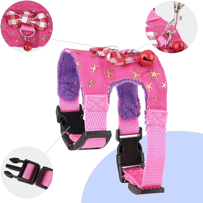 Wontee Small Pet Harness Vest and Leash Set with Bowknot and Bell Decor for Gerbil Guinea Pig Squirrel Kitten Outdoor Walking (S, Pink Star)