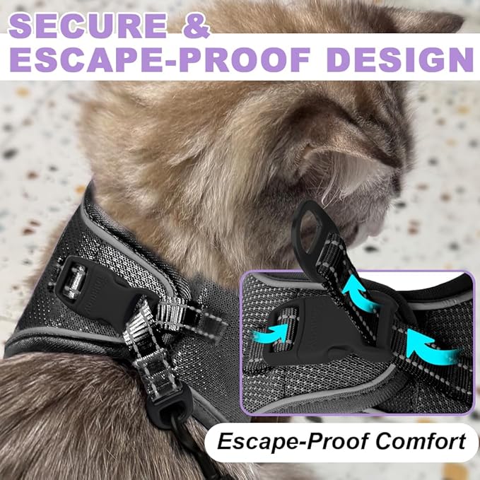 Cat Harness and Leash Set,Escape Proof Kitten Harness,Step in Adjustable Soft Lightweight,Easy Control,Reflective Strips Comfortable for Walking Travel(Black,S)