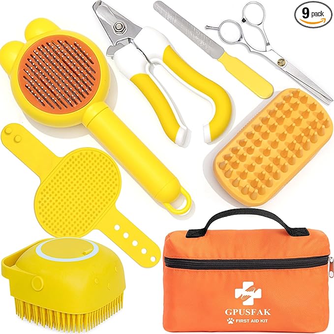 9 Piece Bath Grooming Kit for Pets - Dog Bath Brush Kit Slicker Hair Brush Set with Pet Nail Clipper and File Comb for Shedding Bathing