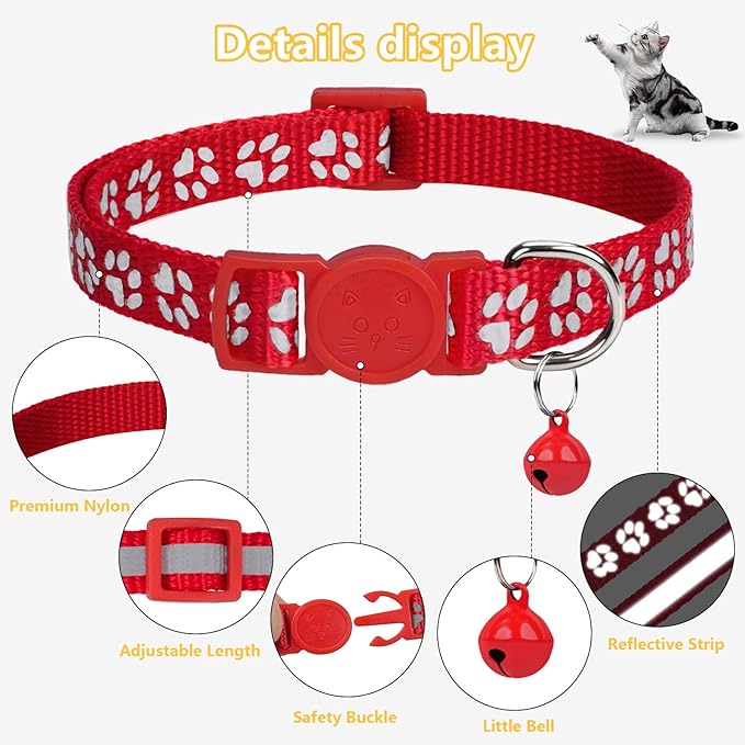 Taglory Kitten Collar Breakaway with Bell, Reflective Soft Cat Collar for Small Kittens, Adjustable 6-8 Inch High Visibility Night Strip, Lightweight for 2-6 Months Baby Cats, 2 Pack, Red