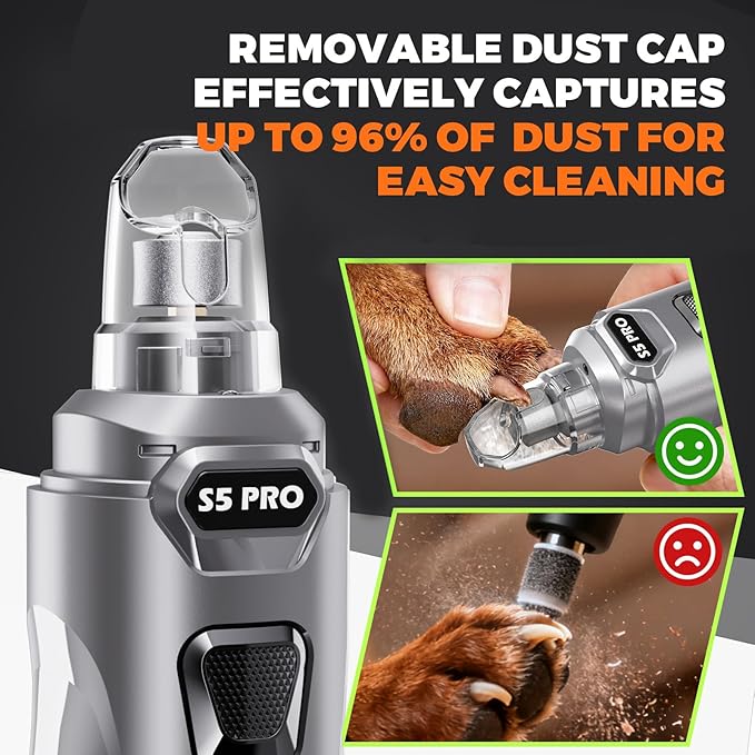 Whisper Quiet Dog Nail Grinder with 4 LED Lights, Safe & Stress-Free for Sensitive Dogs Cats of All Breeds & Sizes, 3 Grinding Bits, 3-Speed, Pet Nail Trimmers, Rechargeable Painless Grooming Kit Grey