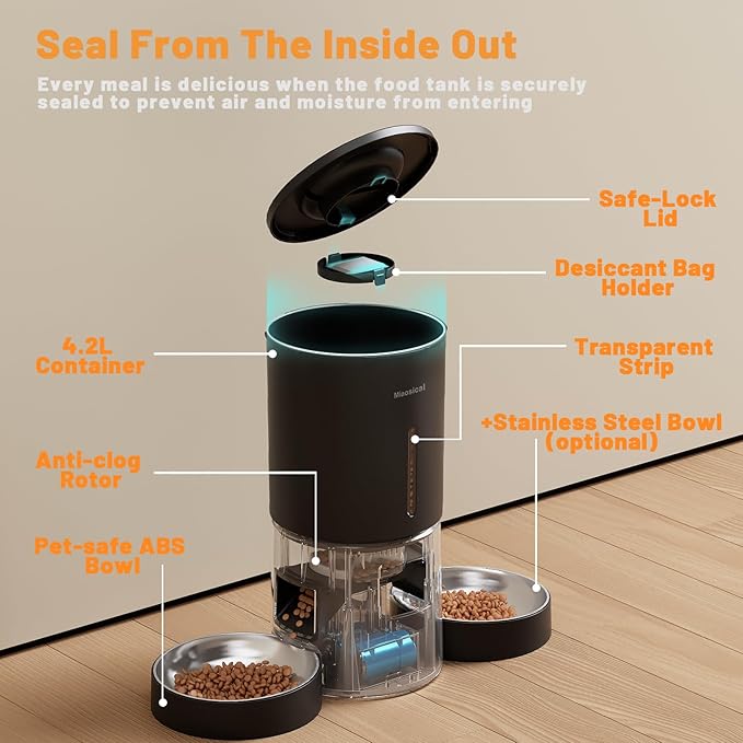 Miaosical Automatic Cat Feeder 2 Cats,2.4G WiFi Timed Auto Cat Food Dispenser with Dual Bowls,4.2L Smart App Control,Equal Portion Feeding for Multiple Cats (Black, 4.2L WiFi Dual Bowl)