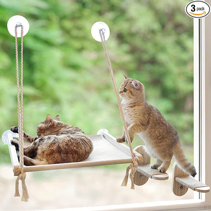 Cat Window Perch with 2 Steps, Easy to Assemble Hammock for Window Indoor/Outdoor Cat Seat/Bed Supports 40 lbs (Drilling-Free)