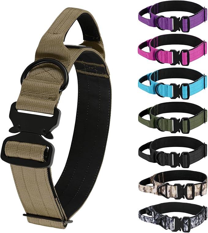 Tactical Thick Dog Collar, Adjustable Training Nylon Dog Collar, Heavy Duty Metal Buckle & Control Handle for Small Medium Large Dogs (M, Khaki)