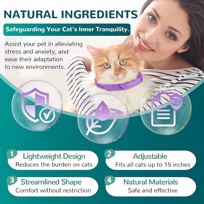 Calming Collar for Cats, Pheromone Collar for Cat Anxiety Relief, 60 Days Adjustable Waterproof TPE, Cat Calming Collars Helps Calm During Loud Noises and Separation (Purple, 2 Pack)