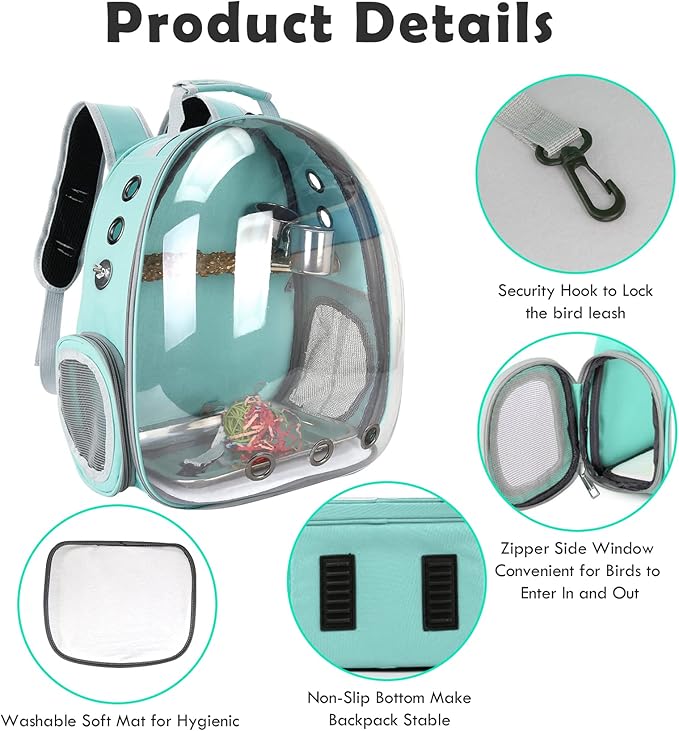 Bird Backpack, Bird Carrier Travel Cage with Perch, Portable Wildbird Carrier Bag, Parrot Parakeet Cockatiel Cage with Food Bowl & Stainless Steel Tray for Conures Budgie Canary Lovebirds Small Animal