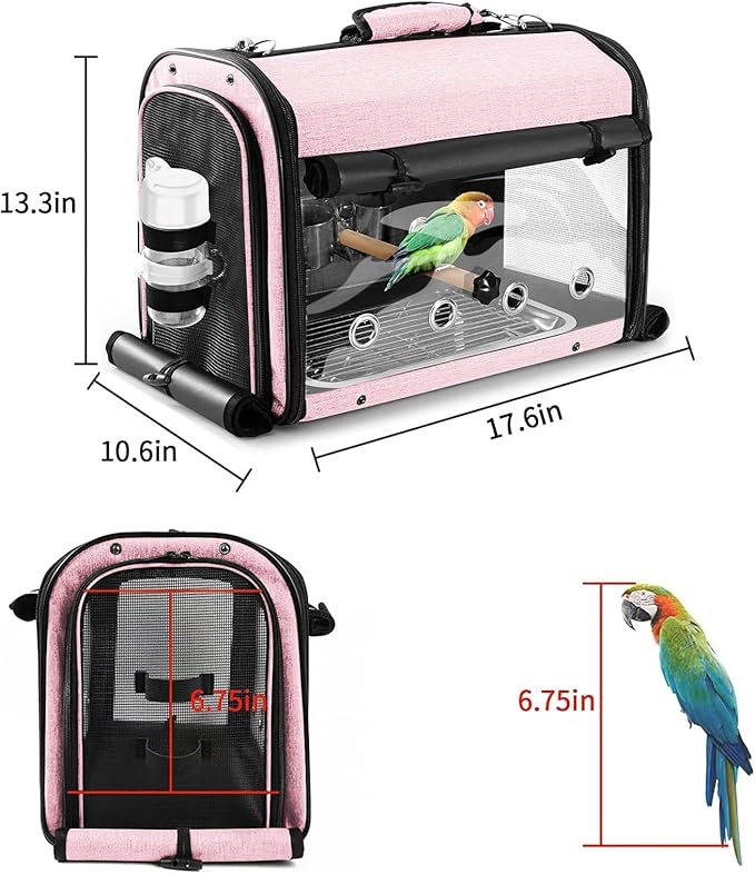 Bird Carrier Bag Bird Travel Cage with Stand, Lightweight Backpack for Parrot, Portable Bird Travel Bag, Pet Transparent Breathable Travel Cage, Pink