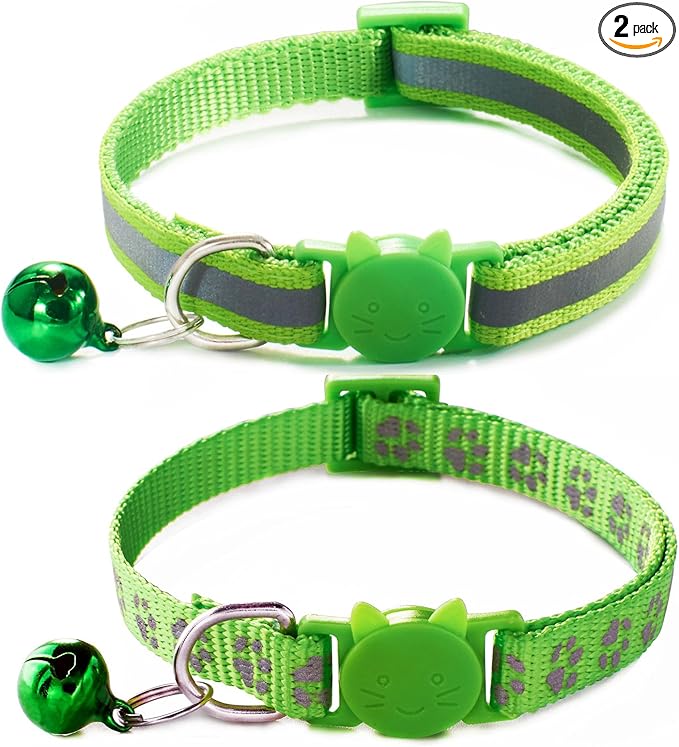 Breakaway Dog Collar with Bells, [2 Pack] Green Break Away Puppy Collar with Bells, Reflective Cat Collar for Boy Cats Kitty Kitten