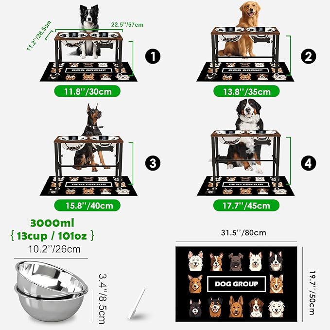 SHAINFUN Elevated Dog Bowls with Mat for Large & Extra Large Dogs, Raised Dog Bowl Stand with 2 Stainless Steel Bowls, Tall Dogs Food Water Bowl Holder