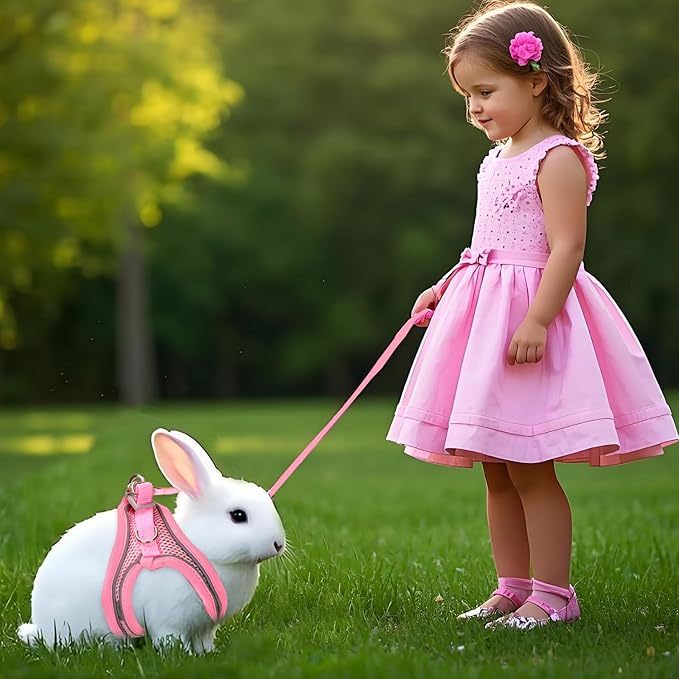 PETKNOWS 2 Pack Rabbit Harness and Leash Set, Double Buckle Bunny Harness with Reflective Strips Soft Breathable Mesh Vest Harness for Rabbits Walks Accessories(Pink and Yellow)