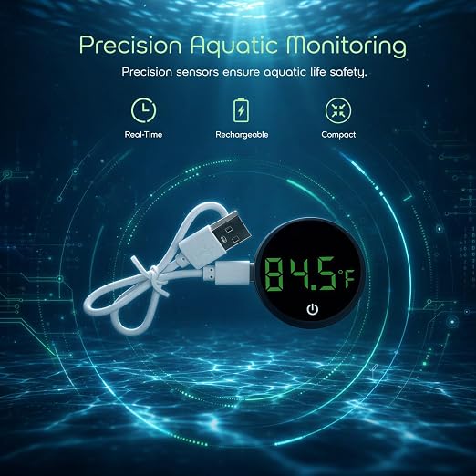 Digital Thermometer for Fish Tank, Rechargeable Stick On Aquarium Temperature Gauge, 1.8 x 1.8 x 0.4 in Mini Design, LED Display, ±1 ℉ Precision, for Bettas, Saltwater and Freshwater Tanks