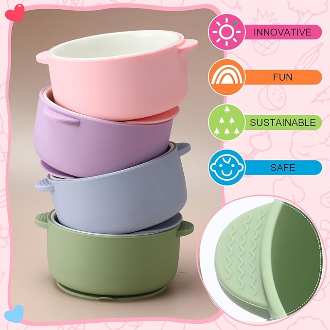 Domensi 4 Sets Kids Porcelain Bowls with Suction Sleeves Toddler Suction Bowl Upgrade Durable Microwave Dishwasher Safe Cereal Soup Snack Dishes for Baby Children Feeding Supplies (Macaron Colors)