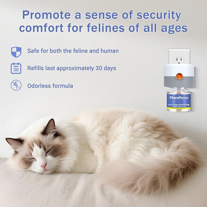 Cat Calming Diffuser Kit (1 Diffuser + 1 Refill, 48ml) – 30 Day Supply – Cat Pheromones Calming Diffuser for Multi-Cat Conflict, Urine Marking & Scratching
