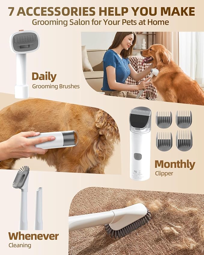 Dog Grooming Vacuum Kit for Shedding: Pet Hair Remover with Quiet Suction Cleaners and Large Capacity Dustbin for Long-Haired Dogs and Cats Home Brush and Groomer with 6 Attachments(Ivory)