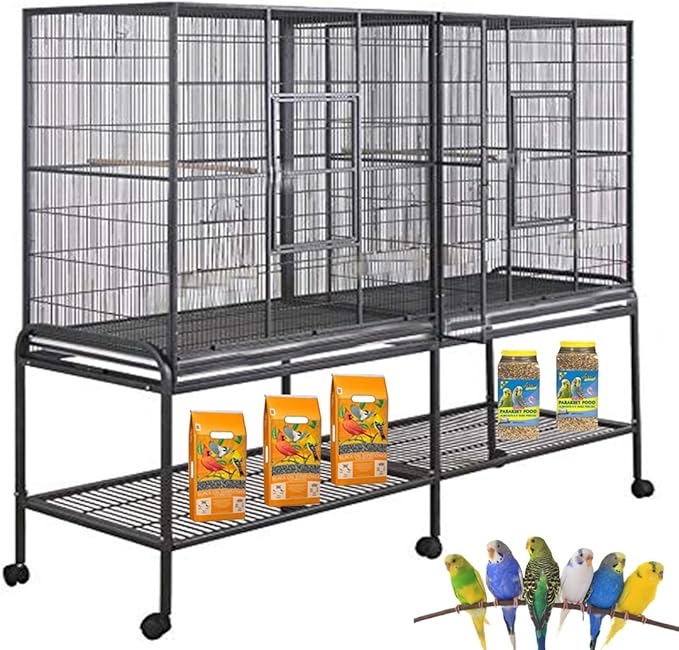 Extra Large Double Birdhouse Treehouse Bird Flight Parrot Center Divider Cage Feeder Doors Side Breeding Doors Easy Clean Pull Out Tray with Detachable Rolling Stand