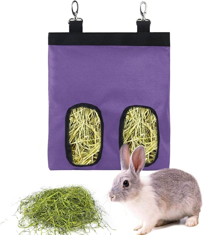 Rabbit Hay Feeder Bag Guinea Pigs Hanging Hay Rack Manger Holder Dispenser Small Animal Feeder Storage Pouch for Bunny Chinchilla Hamster (Purple, 2 Windows)