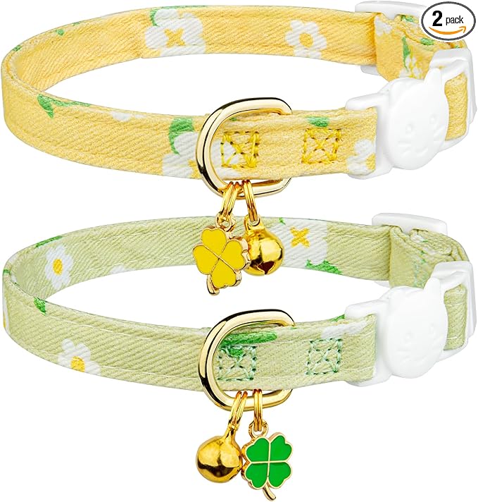 2 Pack Cotton Breakaway Cat Collar Green and Yellow Flowers Pendant Cute Kitten Cat Collar with Bell