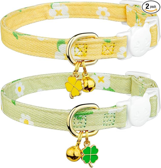 2 Pack Cotton Breakaway Cat Collar Green and Yellow Flowers Pendant Cute Kitten Cat Collar with Bell