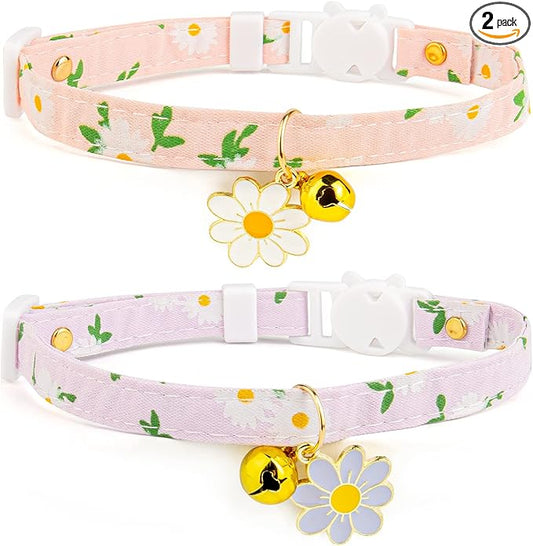 2 Pack Cotton Breakaway Cat Collar with Bell Pink&Purple Flowers Pendant Cute Kitten Cat Collar Suitable for Girls and Boys