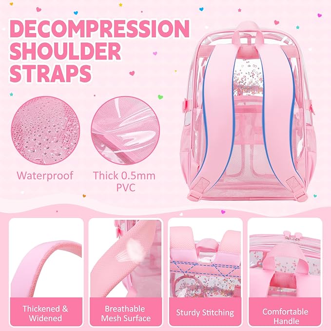 Clear Backpack for Girls School Clear Bookbag Stadium Events Heavy Duty Transparent Back Pack, Pink