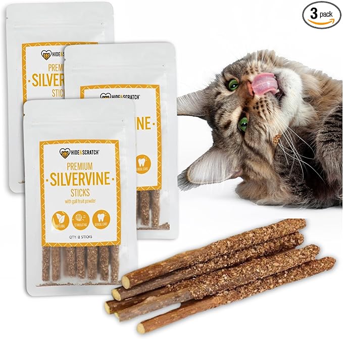 Hide & Scratch Premium Silvervine Sticks for Cats with Gall Fruit Powder for Extra Potency; Cat Enrichment Cat Chew Toy and Dental Sticks - More Effective Than Catnip Toys! (3 Packs of 12)