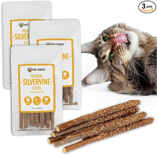 Hide & Scratch Premium Silvervine Sticks for Cats with Gall Fruit Powder for Extra Potency; Cat Enrichment Cat Chew Toy and Dental Sticks - More Effective Than Catnip Toys! (3 Packs of 12)