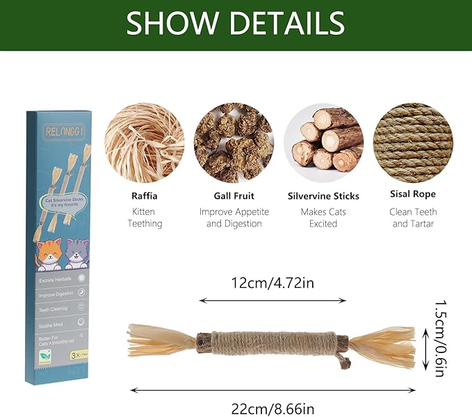 3 PCS Silvervine Sticks for Cats - Natural Cat Chew Toys for Teeth Cleaning, Kitten Teething & Aggressive Chewers