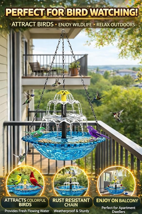 Solar Cascade Hanging Bird Bath Fountain, 2026 New Outdoor Hanging Bird Bath with Solar Fountain, Large Humming Birds Baths Fountains, with Solars Pump & Glass Bowl, for Outdoor, Gardens (#1)