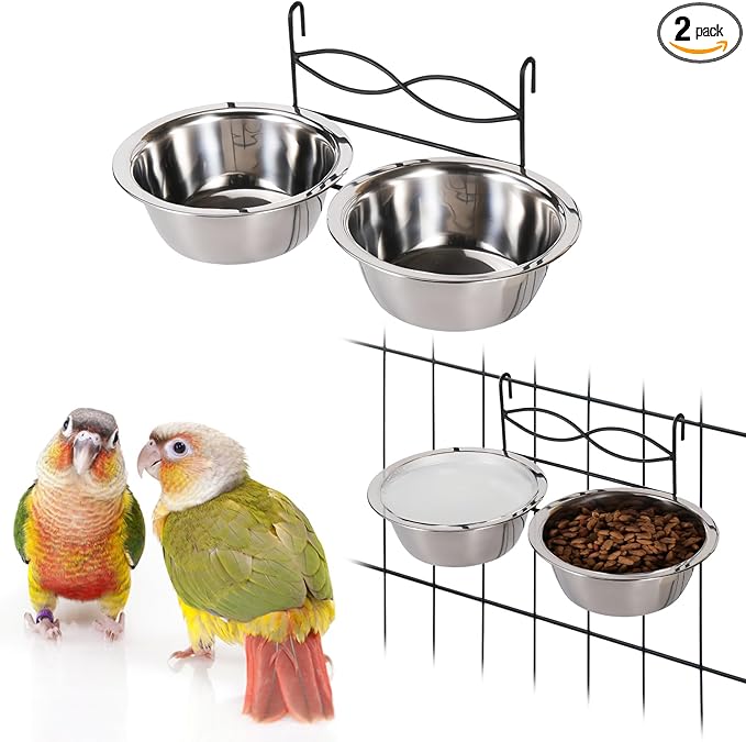 kathson Stainless Steel Bird Bowls for Cage, 2 PCS Metal Pet Food Water Dishes with Holder Feeder Cage Coop Hook Feeder Cups for Birds, Parrots, Small Sized Dogs and Cats (6.7 Inch Dia)