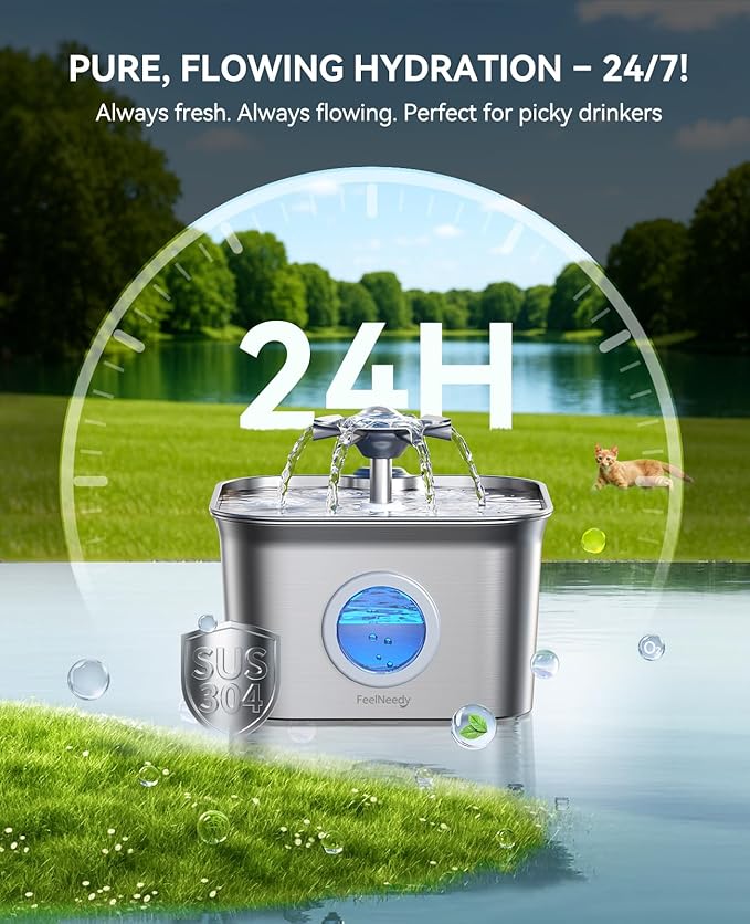 Stainless Steel Cat Water Fountain, 2.8L with 20dB Ultra-Quiet Pump- Ideal for Timid Pets, LED Water Level Window, Dishwasher Safe, 24/7 Circulation- Includes 9 Replacement Filters