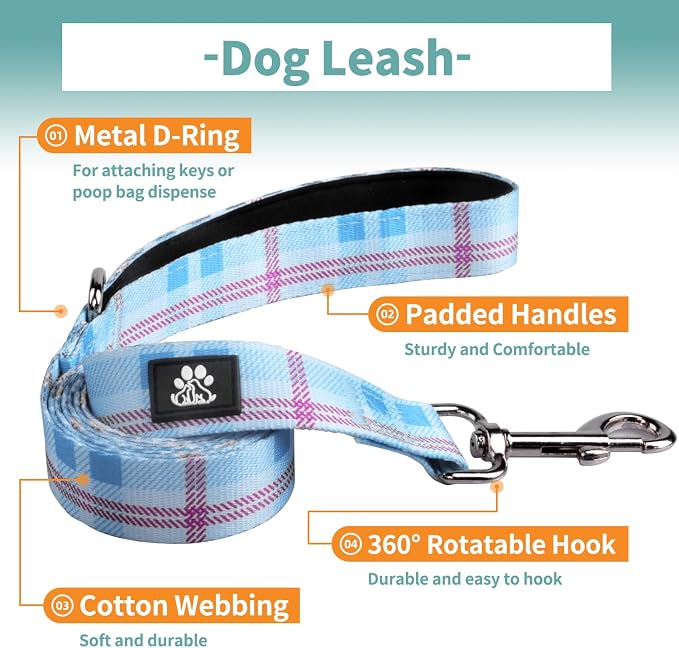IVY&LANE Dog Collar with Bowtie and Leash Set | Plaid Adjustable Dog Collar | Detachable Bow Tie |5 FT Dog Leash | for Small Medium Large Dogs | Checkered Blue | Large