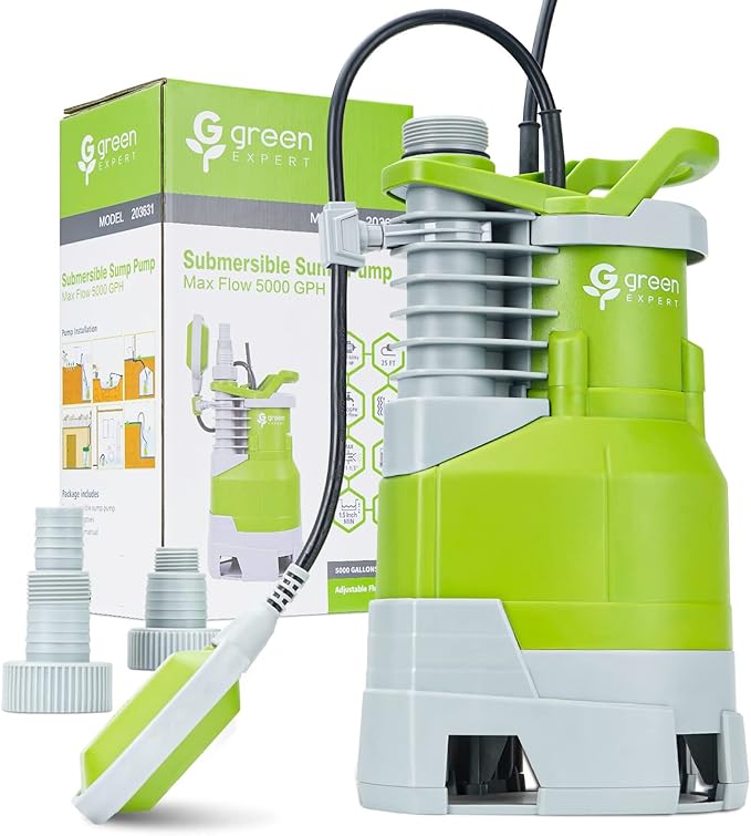 Green Expert 1.5HP Submersible Sump Pump High Flow 5000GPH 25ft Power Cord Manual Automatic On/Off for Water Removal from Basement Sump Pit Pools Hot Tub Spas Garden Pond