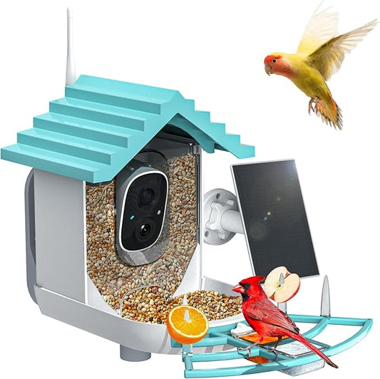 Smart Bird Feeder with Camera Solar Powered & AI Bi rd Identification, 2.4Ghz WiFi Bird feeders for Outdoors, 2K Live Video, Instant Arrival Alerts - Blue